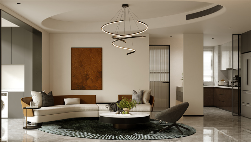 本案業主為一家四口，改善型住房，業主對于原戶型入戶常規客廳非常不滿意，沒有體現雙陽臺大客廳的感覺，結合業主需求以及房屋原本結構做了橫廳設計，效果上也大膽采用弧形吊頂和沙發相結合，擴大整體面積的情況下同時也呈現了獨特新穎的效果。